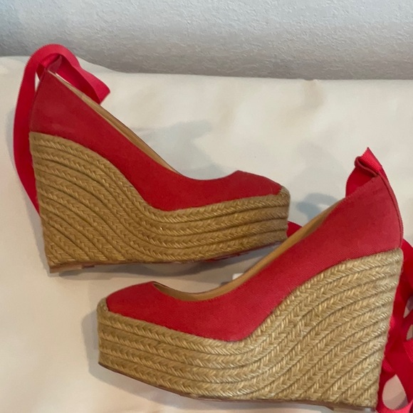 Christian Louboutin red espadrille platform wedge sz 38 vintage - Picture 9 of 12